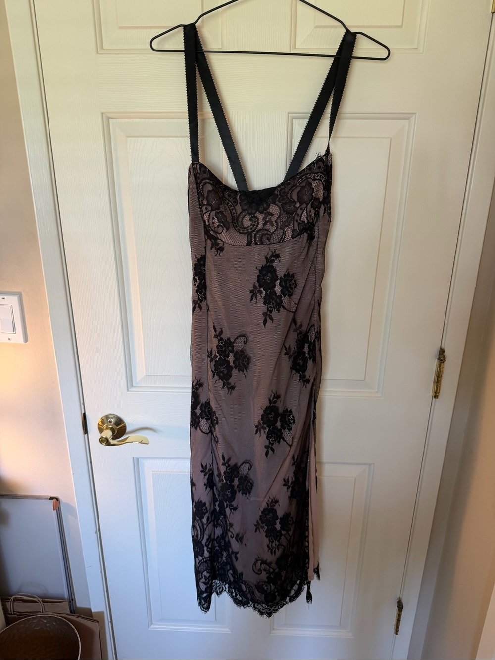 Anthropologie Taupe Slip Dress with Black Lace Overlay
